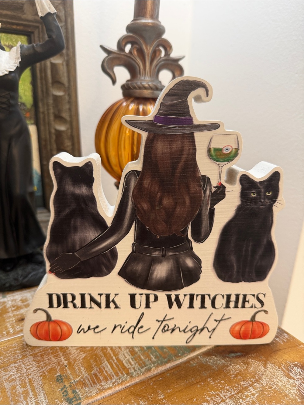 "Drink Up Witches" Halloween Wood Witch Sign with Black Cats & Pumpkins